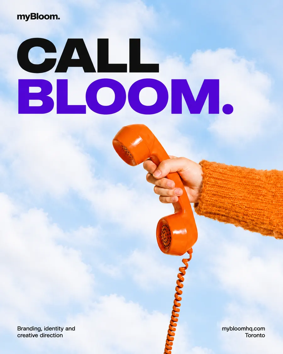 myBloom campaign poster: an orange rotary handset against a blue sky, headline Call Bloom