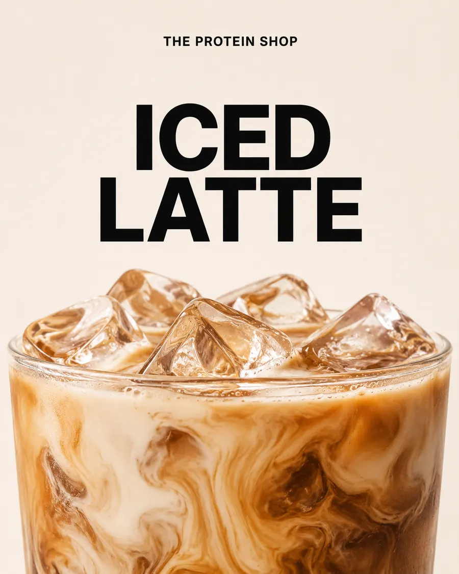 The Protein Shop campaign: an iced latte poster shot on cream