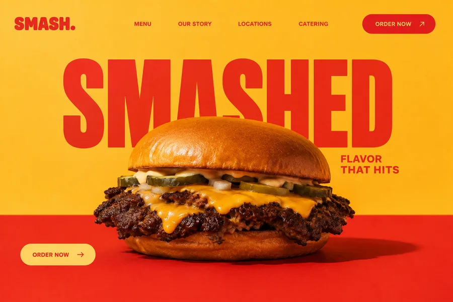 A smashed burger campaign poster on orange