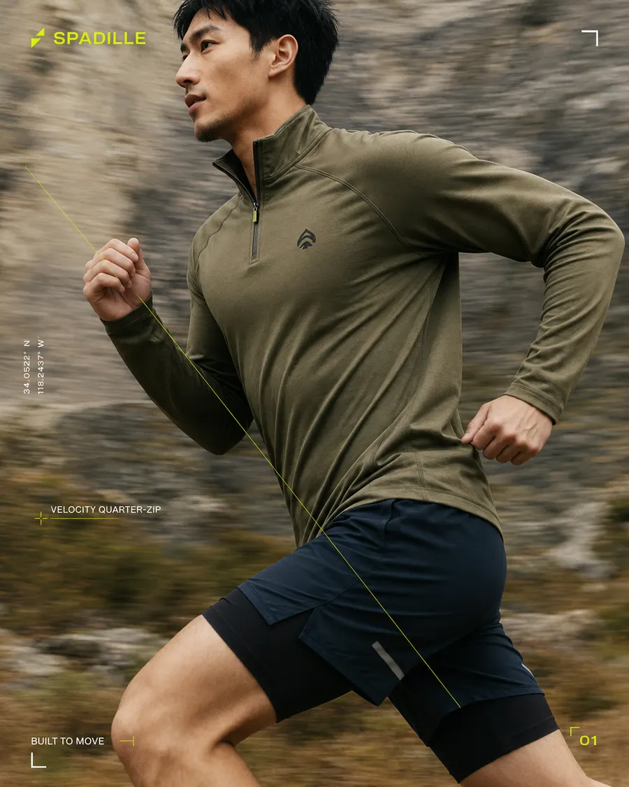 Spadille campaign: the Velocity quarter-zip photographed on a trail run