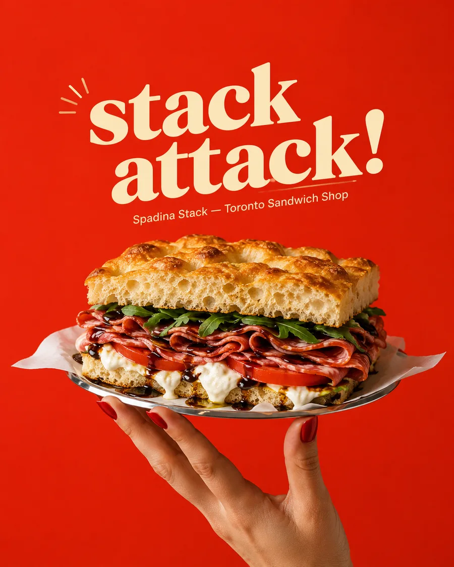 Spadina Stack campaign: a loaded sandwich held to camera, headline stack attack